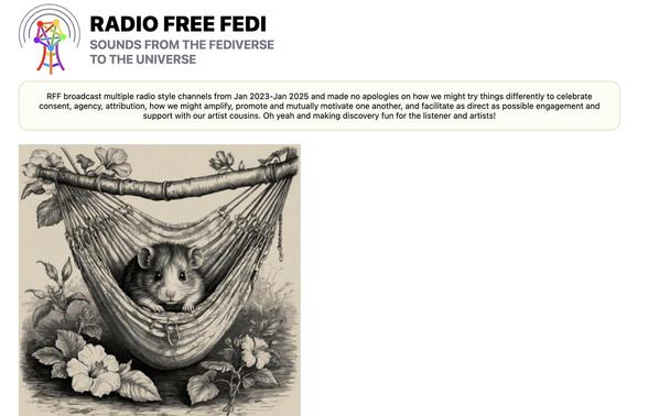 Radio Free Fedi website featuring a cozy illustration of a hamster lounging in a hammock surrounded by tropical flowers and leaves. The design has a vintage aesthetic, featuring detailed line work in black and white. A message says RFF broadcast from January 2023 to January 2025.