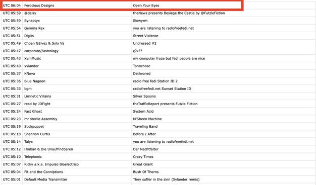 A list of media or music titles with corresponding time entries and names, showing “Open Your Eyes” by Ferocious Designs at the top of the list.