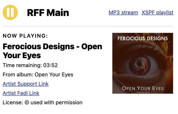 Image features a music player interface displaying "RFF Main" with the currently playing track "Open Your Eyes" by Ferocious Designs.