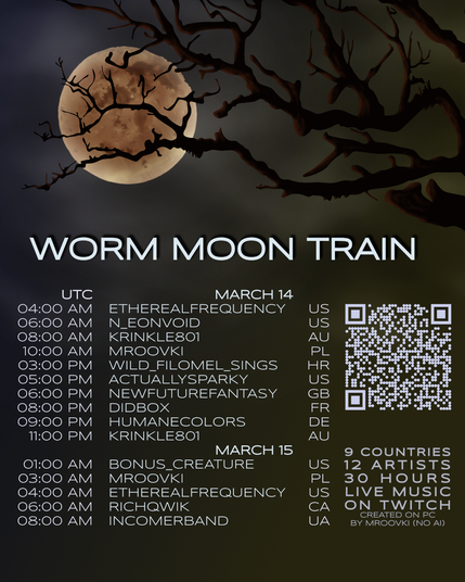 WORM MOON RAID TRAIN text of everyone participating with times. An orangeish moon is set in a cloudy sky behind a dark branch.