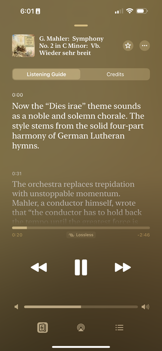 Screenshot of Apple Music Classical on Mahler 2’s fifth movement (part “b”). Describes the sections with about a paragraph of text. 