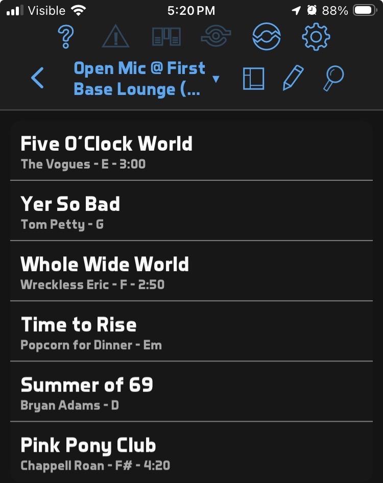 Screenshot of a BandHelper setlist, including the original "Time to Rise" by Popcorn for Dinner (that's me!)