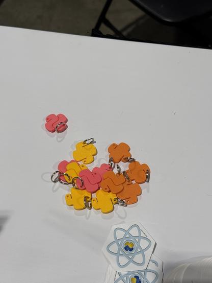 Python logo keychain charms in yellow, orange and pink