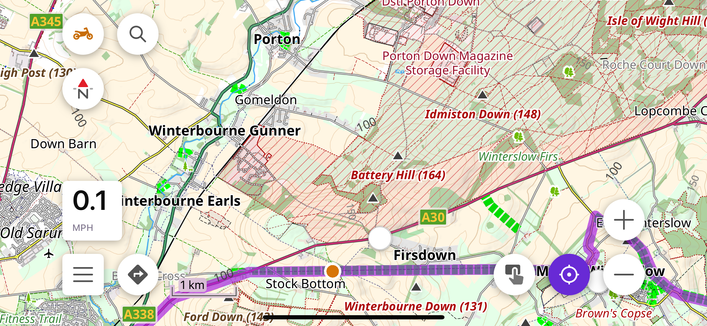 Screenshot of OsmAnd map showing my position as orange dot on a purple gpx route. Porton Down base is marked to the north. 