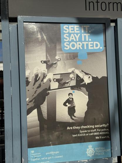 A poster for the British Transport Police showing someone taking photographs of things in a train station with the caption “Ate they checking security? Speak to staff. For police, text 61016”