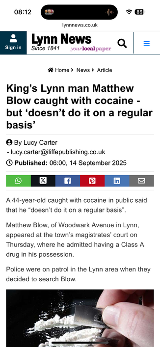 Lynn News article screenshot. 

King’s Lynn man Matthew Blow caught with cocaine - but ‘doesn’t do it on a regular basis’
 By Lucy Carter

A 44-year-old caught with cocaine in public said that he “doesn’t do it on a regular basis”.

Matthew Blow, of Woodwark Avenue in Lynn, appeared at the town’s magistrates’ court on Thursday, where he admitted having a Class A drug in his possession.

Police were on patrol in the Lynn area when they decided to search Blow.