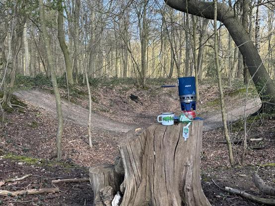 A small gas stove and a tin mug with a Moomin image on the side, sat on a tree stump. There’s woodland in the background. 