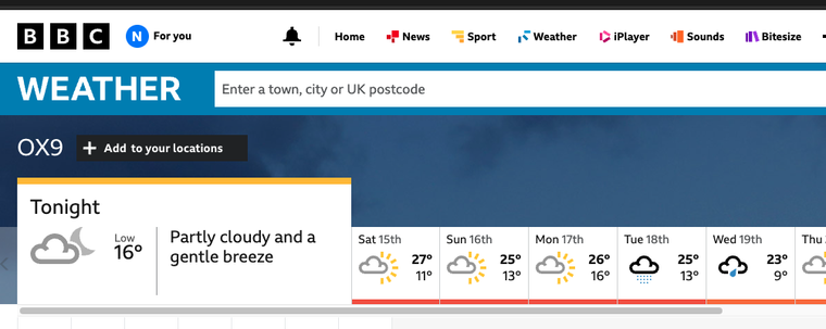 Screenshot of a weather forecast showing friday to wednesday with tuesday drizzly and wednesday rainy.