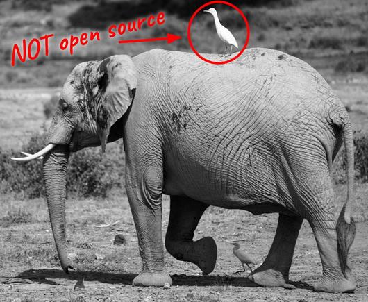 An elephant with a circled bird on top. There's an arrow pointing out the bird and text saying "NOT open source".
