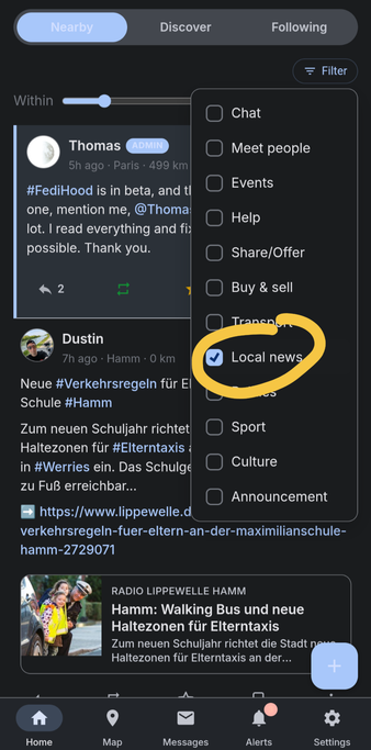 Ansicht der Filter, über dir man nur bestimmte Postings in Frdihood anzeigen lassen kann