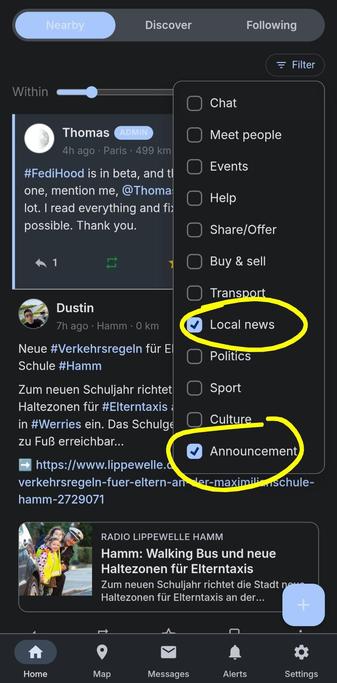 Ansicht der Filter, über dir man nur bestimmte Postings in Frdihood anzeigen lassen kann