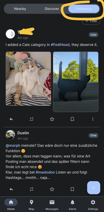 Ansicht der Timeline in Frdihood, bei der nur Postings von Leuten erscheinen, denen man folgt