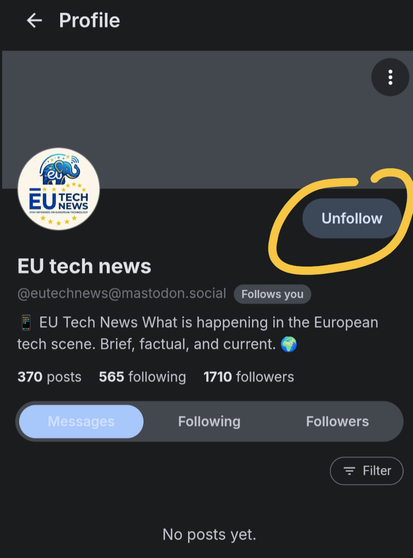 Ansicht eines Profil bei Fedihood. Eingekreist ist der Follow Button bzw. hier bereits der Unfollow Button