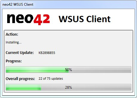 Windows Dialog
ref WSUS Client
Neo42 wsus client
Action:
instling
Current Update: K82898855.
Progress:
— —— ee ——
Overall progress: 22 0f 75 updates
— 2% —