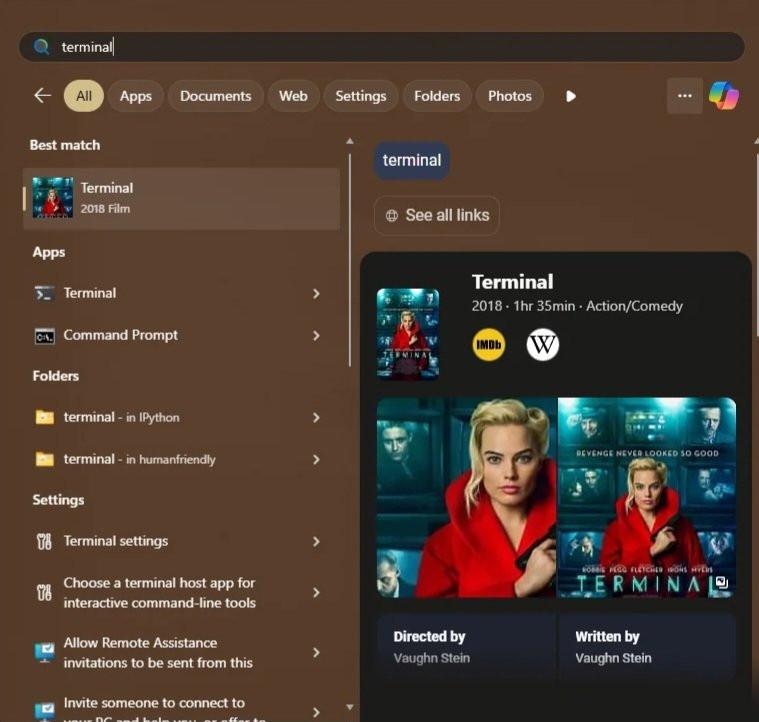 Windows startfenster, in dem ein imdb suchergebnis für "terminal" vor der app gelistet wird
