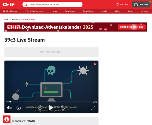 Screenshot von chip.de, auf der Webseite zählt ein Counter runter, bevor man sich zum 39C3 Stream weiterklicken kann