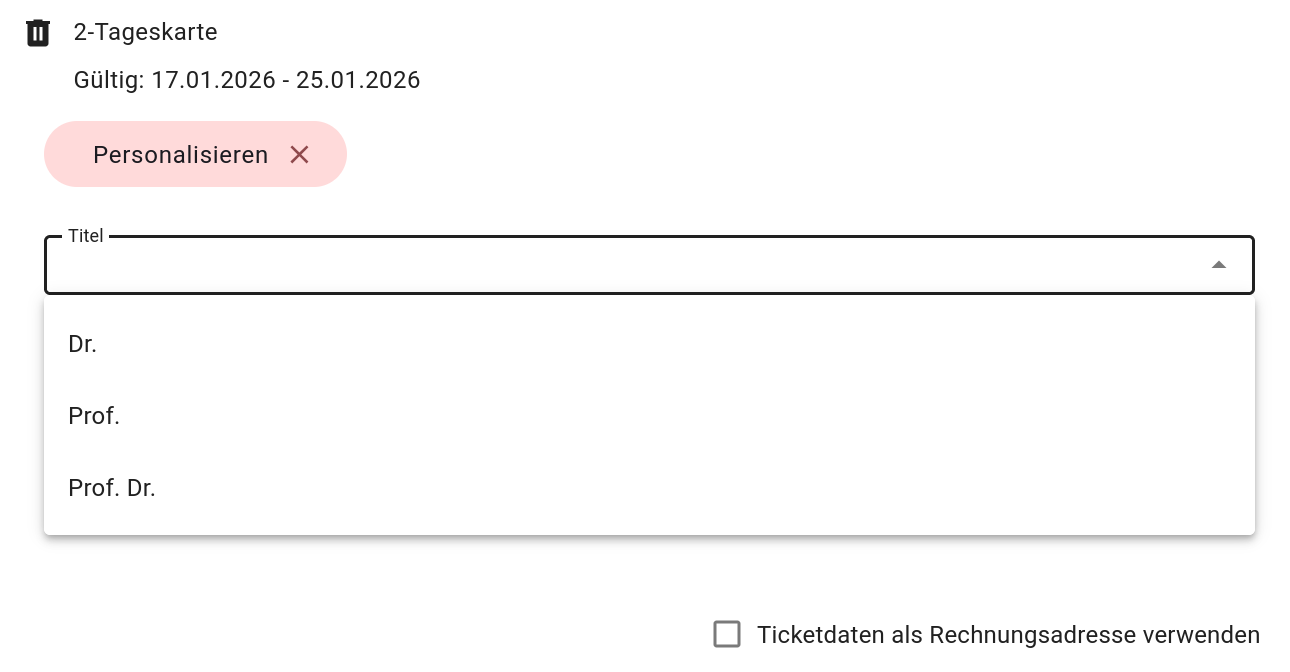 Ein Titel-Auswahl-DropDrop mit "Dr", "Prof" und "Prof. Dr.".