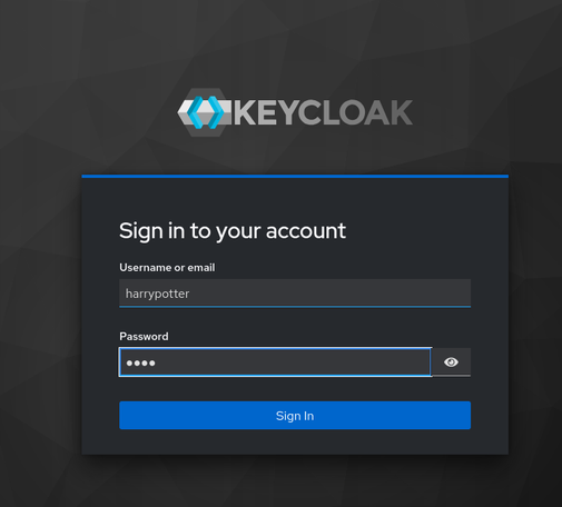 the default login view of keycloak
a username "harrypotter" and a password are entered