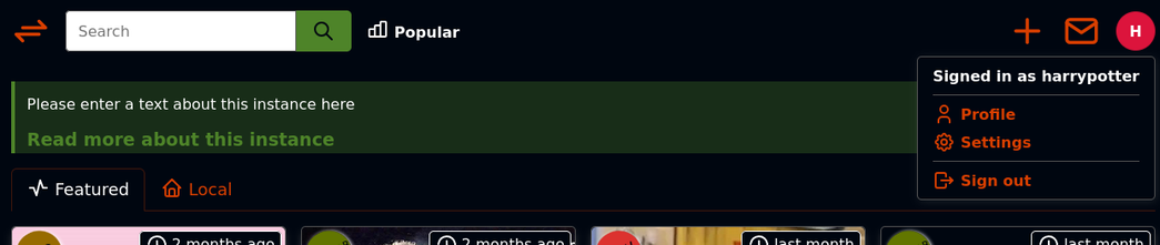 a screenshot of flohmarkt with opened user menu. the menu shows that the harrypotter-user from the former screenshot is now currently logged in.