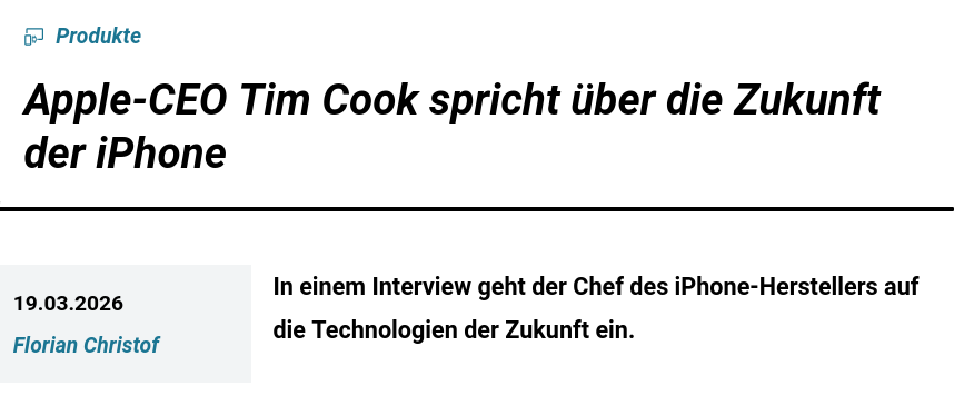 Screenshot der Futurezonemeldung "Apple-CEO Tim Cook spricht über die Zukunft der iPhone"
