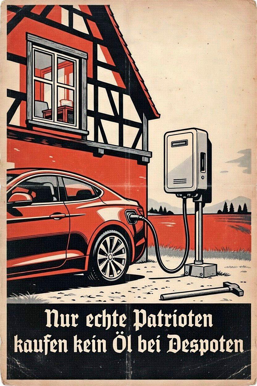Nur echte Partioten kaufen kein Öl bei Despoten.
Written in fraktur, showing an electric car charging from a wallbox
