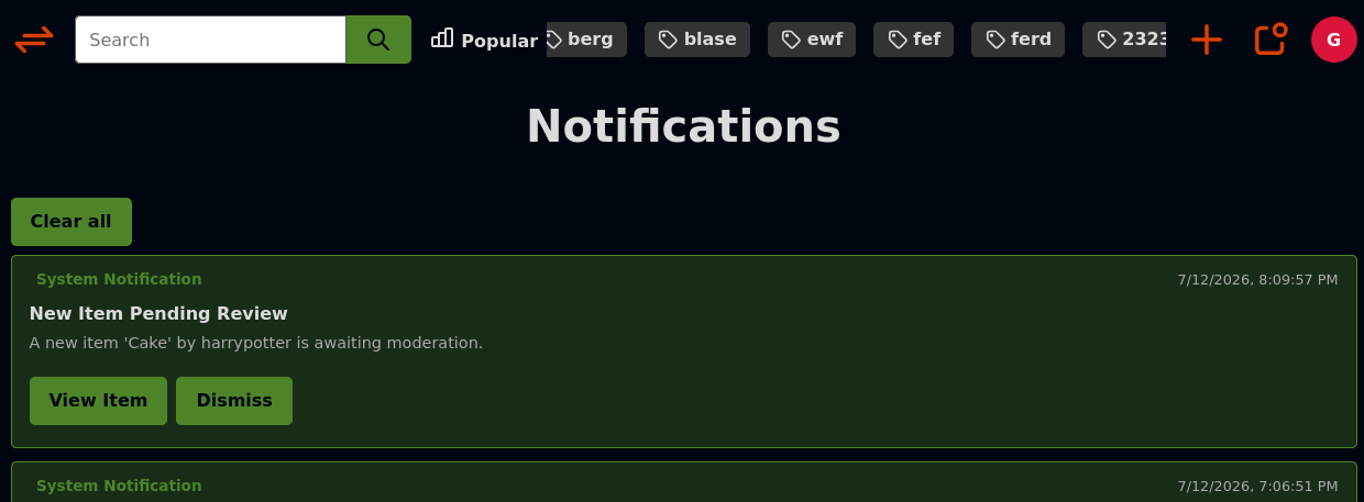 A screenshot of the new notification area. Here seen from the perspective of a Mod / Admin. The topmost notification shows that a user posted a new item that needs review.