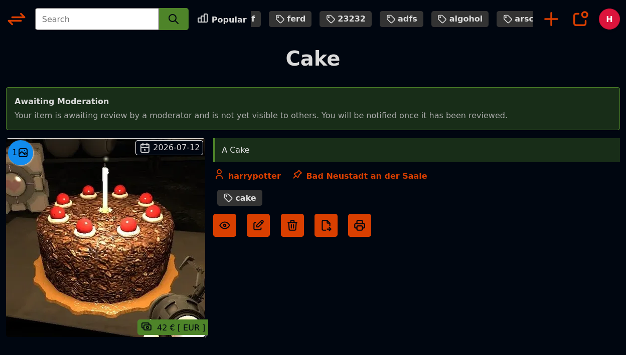 The Item Page shows a message to the user that this item is not yet visible to the world and awaits approval by moderation.