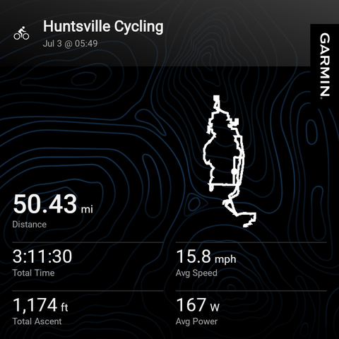 Garmin app showing a route map and some basic metrics about a cycling activity. I did 50.43 miles in 3:11 at an average speed of 15.8 mph.