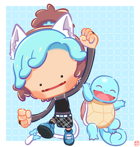A Pokopia-style Ditto human girl with blue hair jumps along side a smiling Squirtle on a blue tile pattern