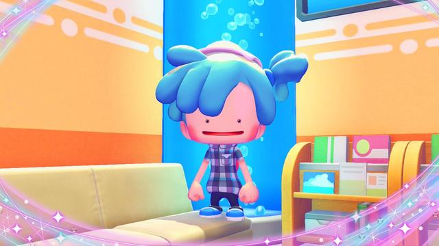 Ditto Melanie with blue mermaid hair, super nerd outfit, and blue shoes stands on a Pokemon Center's couch with her shoes on. Well, the shoes are technically Ditto's skin so I guess not.