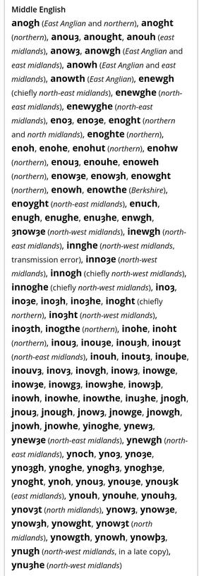 If I counted correctly, 108 variants of "enough" used in Middle English, many looking quite outlandish to modern eyes
