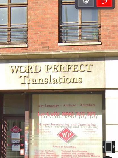 Translator's office shop front says Word Perfect Translations.
