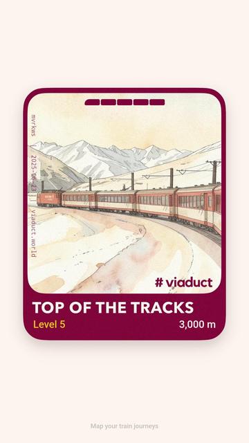 Eit avrunda, raudlilla milepæl-kort frå viaduct.world. Kortet viser ein akvarelliknande teikning av eit raudt og kvitt tog på ei svingete toglinje gjennom eit lyst, snødekt landskap med spisse fjelltoppar i bakgrunnen. Nedst på kortet står teksten «# viaduct», overskrifta «TOP OF THE TRACKS», «Level 5» og høgda «3,000 m». Langs venstre kant står brukernamn, dato og nettadressa viaduct.world.