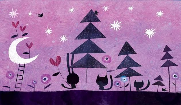 Une nuit mauve dans laquelle brillent des étoiles et un grand croissant de lune. En ombres chinoises, des arbres et des petits animaux
