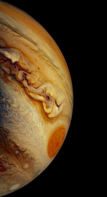 This JunoCam image of Jupiter's south temperate belt and Great Red Spot was taken on Dec. 30, 2020.

Wide enough to contain Earth, the Great Red Spot is the most dominant atmospheric feature in the planet's southern hemisphere.
