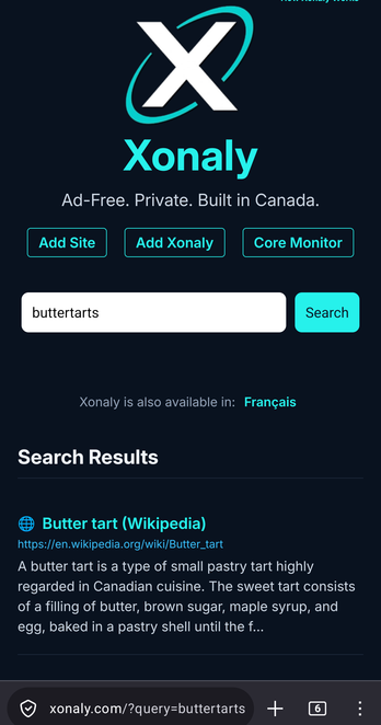 The website Xonaly is a search engine with a built-in-Canada positioning. The search term entered is "buttertarts" which is a good way to test a Canadian search engine.