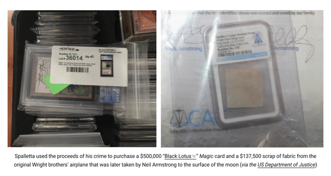 Two evidence photos, one of a “Black Lotus” Magic Card in a protective plastic case inside a plastic zipper bag bearing auction information, and the other of a scrap of yellowed fabric inside a protective case also bearing auction information. Behind the case is a portion of a letter from the Armstrong family attesting to its authenticity.
Caption: Spalletta used the proceeds of his crime to purchase a $500,000 “Black Lotus” Magic card and a $137,500 scrap of fabric from the original Wright brothers’ airplane that was later taken by Neil Armstrong to the surface of the moon (via the US Department of Justice)