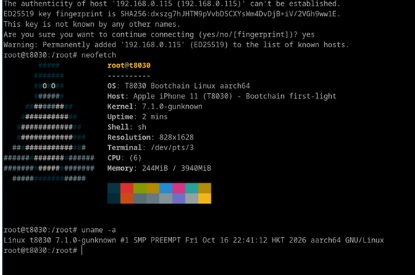 An SSH session over wifi to the Linux instance running on an iPhone 11