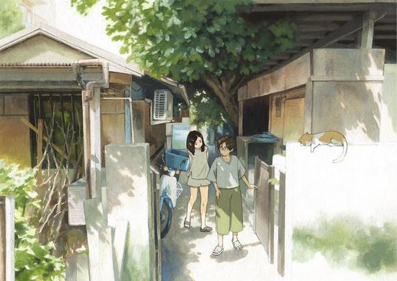 a painting of two kids walking through an alley