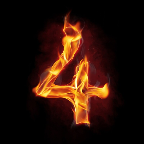 A number 4 made up of burning flames against a dark background.