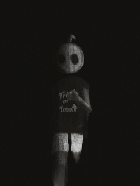 a grainy and pixelated monochrome animation of a person with a spherical jack-o-lantern head, wearing a shirt that says "Trick or Treat" on it, running in the direction of the viewer