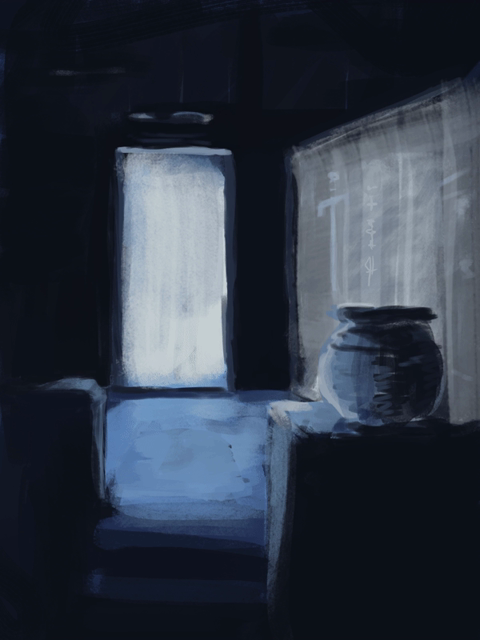 an animation drawn in shades of blue and grey: perspective from within a dark room facing an open door where light enters. a silhouette figure enters the room and runs towards some stairs, only to be caught off-guard by a cat and being sent scurrying and stumbling back out the doorway