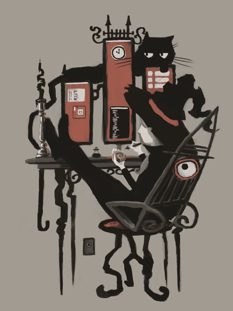 a slightly animated illustration, primarily painted in black and stone brown with red accents, of a witch sitting at a computer desk, feet propped up on the table, writing something on a shell with a spear-shaped pen (shell scripting, if you will)

there are three vertical monitors on the desk, the middle one being the tallest, adorned with wrought iron fencing; a few apps are open, including a terminal with some code scrolling infinitely. there's a candlestick with an unlit twisted black candle on it.

the table has crooked, spindly legs. the witch's chair has three crooked legs and is shaped like an insect of sorts. it has an eye that looks around.

finally, resting atop the monitors is a long black cat with long whiskers and even longer tail dangling down over the table. the tip of the cat's tail swishes and the cat's pupils scans the room