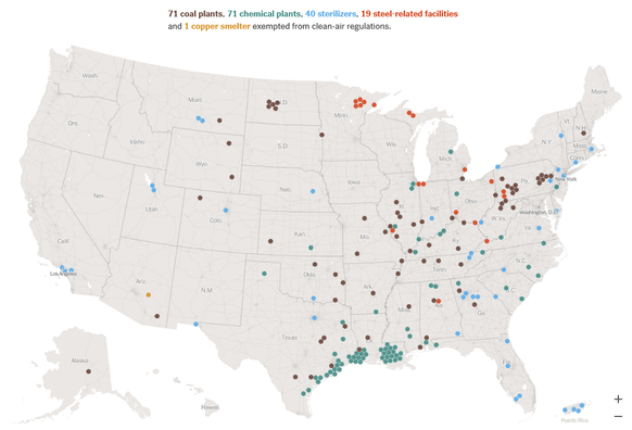 U.S. map with the locations of the  71 coal plants, 71 chemical plants, 40 sterilizers, 19 steel-related facilities and 1 copper smelter exempted from clean-air regulations.