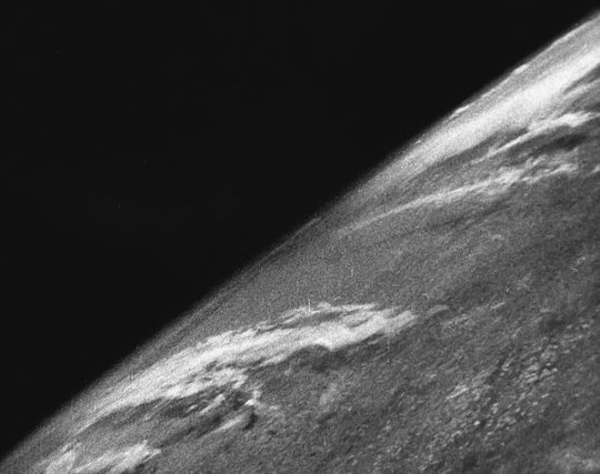 The first photo of the Earth above the Kármán line.
The upper left half contains the darkness of space above the limb of the Earth.