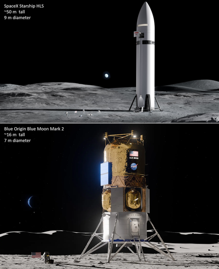 1. Rendering of the SpaceX HLS lander  on the surface of the moon
2. Rendering of the Blue Origin Mark 2 lander on the surface of the moon