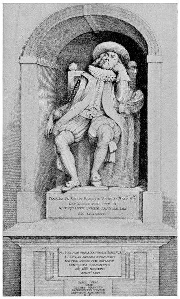 Francis Bacon’s Monument in St. Michael’s Church.

Title: Bacon and Shakespeare

Author: Albert Frederick Calvert

An engraving of a monument to Francis Bacon, per the inscription “Franciscus Bacon Baro de Verulam.” A seated statue in a ruff, hat and doublet rests his head on one hand inside an arched niche, above Latin inscriptions on the pedestal.