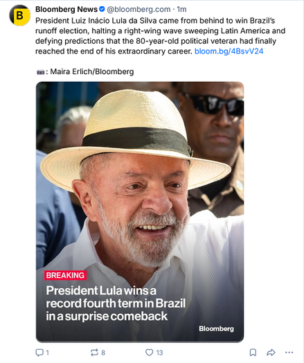 Bsky post by Bloomberg News  @bloomberg.com

President Luiz Inácio Lula da Silva came from behind to win Brazil’s runoff election, halting a right-wing wave sweeping Latin America and defying predictions that the 80-year-old political veteran had finally reached the end of his extraordinary career. bloom.bg/4BsvV24

📷: Maira Erlich/Bloomberg