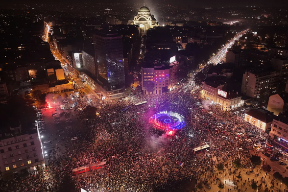 Aerial photo of large gathering as Serbians celebrate in Belgrade
Armin Durgut/AP Photo