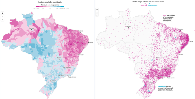 Maps showing
1. Election results by municipality Lula vs Bolsonaro
2. Shift in margin between first and second round
